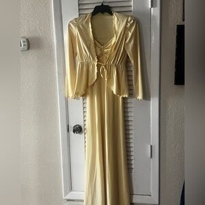 Vintage 70s Buttery Yellow Maxi Dress with Jacket with Floral Lace Trim